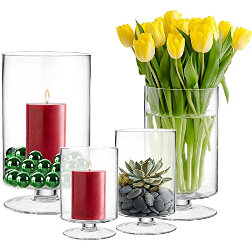 CYS EXCEL Glass Hurricane Pillar Candle Holder (H:6" W:3.75") | Multiple Size Choices Short Stem Candle Centerpieces | Stemmed Glass Cylinder Candle Vase - size: H-6" W-3.75"