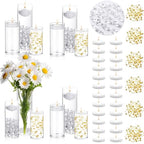 24 Pcs Floating Candles 12 Glass Vases for Centerpieces with 400 Acrylic Fake Ice Cubes 6 Pearl String Vase Filler Floating Candle Centerpieces for Tables Party Event Wedding Home Decor