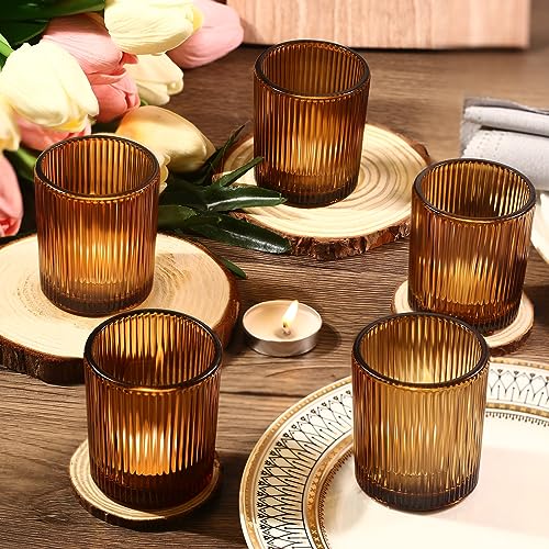 24 Pack Amber Votive Candle Holders Thanksgiving Decor, Glass Small Tea Lights Candle Holders for Table Centerpiece for Home Decor Party Fall Boho Decor(24,Amber) - color: Amber