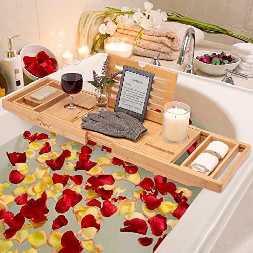 Temple Spring Bamboo Bathtub Tray Caddy for Tub — Expandable Wood Bath Tray with Solid Book Stand Wine Holder and Non-Slip Pads — Includes Bamboo Soap Dish and Spa Accessories — Luxury Bath Gift Set - color: Natural