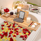 Temple Spring Bamboo Bathtub Tray Caddy for Tub — Expandable Wood Bath Tray with Solid Book Stand Wine Holder and Non-Slip Pads — Includes Bamboo Soap Dish and Spa Accessories — Luxury Bath Gift Set - color: Natural