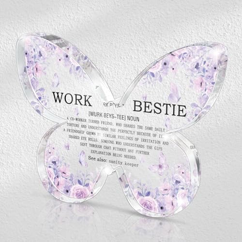 Work Bestie Butterfly Acrylic Desk Sign - Purple Office, Cubicle Decor for Women, Remote Work Companion, Funny Office Gifts for Women Coworker Employee Friend 4.7 x 3.2 inch - color: purple48