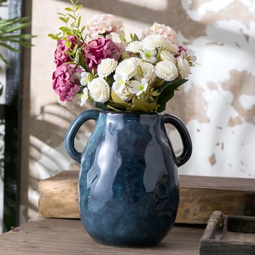 Blue Ceramic Vase with 2 Handles for Modern Farmhouse Home Decor, Vintage Rustic Decorative Vases, Small Vase for Fresh and Dried Flowers, Centerpiece Table Decorations, 7 Inch - color: 1 Blue Handles