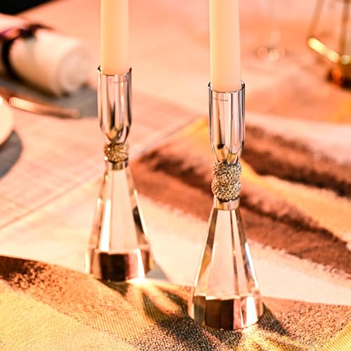 Candle Holder Crystal K9 Heavy Base for Table Decorations Christmas Party Wedding Halloween Décor Set of 2 (Silver) - color: Silver