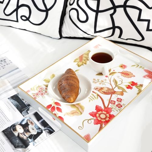 Spsyrine Decorative Serving Tray with Handles, White Lacquered Coffee Table Tray for Ottoman, Rectangle Waterproof Platters for Centerpieces, Parties, Living Room, Kitchen Counter Organization - color: White-bird, size: 16" x 12" x 1.6"