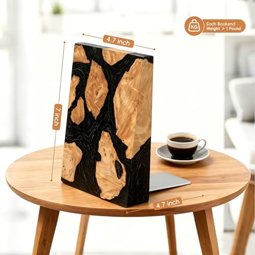 Pearlescent Black Resin Bookends, Burl Wood Book Ends for Shelves – Unique Decorative Book Supports for Study Office, Elegant Gift for Home Library (Pearlescent Black) - color: Pearlescent Black