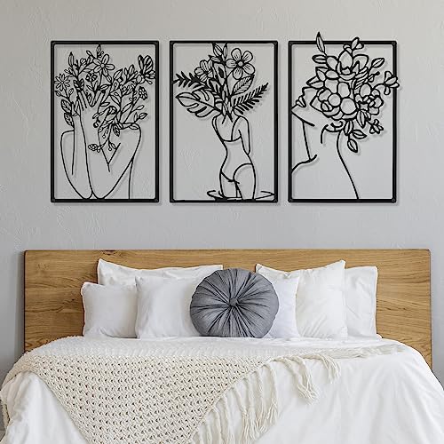 CHENGU 3 Pieces Metal Minimalist Abstract Woman Wall Art Line Drawing Wall Art Decor Single Line Female Home Hanging for Kitchen Bathroom Living Room - style: Leaf Style