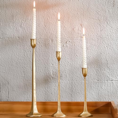Gold Taper Candle Holders Set of 3, Heavy Candlestick Holders Decorative Candle Stand for Table Centerpiece, Cast Iron Candle Stick Holder Decor - color: Antiqued Gold 4