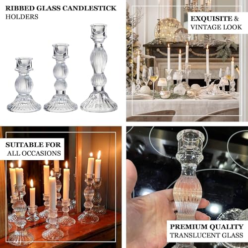 Efavormart Set of 3 Clear Fluted Glass Taper Candle Holders, Ribbed Crystal Candlestick Stands - 4", 6", 8" - color: Type5