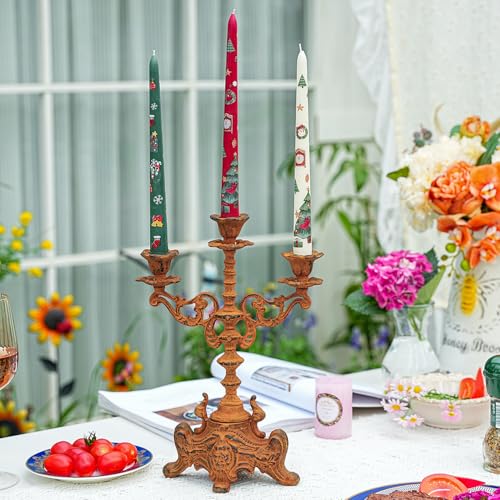Sungmor Rusty Cast Iron 3 Arm Candelabra, 13" Tall Vintage Candlestick Holder, Decorative Taper Candle Holder, Pretty Centerpiece Candle Stand for Halloween, Christmas, Holiday Décor - color: Classical - 13inch Tall