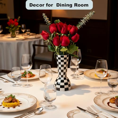 Black and White Checkered Vase, Aesthetic Modern Ins Cool Flower Vases for Home Decor, Entryway Table, Centerpieces Decoration, Kitchen, Living/Dining Room, Bedroom, Bathroom, Coffee Tables (Ceramic) - color: Black
