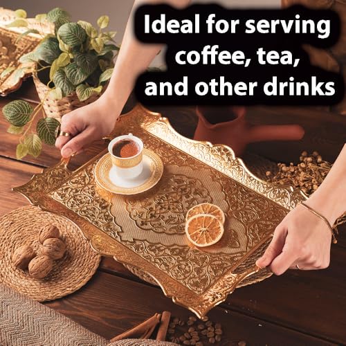 Large Gold Turkish Tea Coffee Serving Table Tray Decorative Home Decor Handles - Party Bar Outdoor Dresser Dessert Fancy Metal Rectangle Kitchen Brass Moroccan Bathroom Vanity Gift Tray