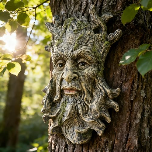Teaeeno Whimsical Tree Face Garden Decoration, 10.2 in Tree Faces Decor Outdoor Wallmounted Statue Art with Leaf Features, Outdoor Decor Garden Accessory (Nature and Outdoors) - color: Yellow