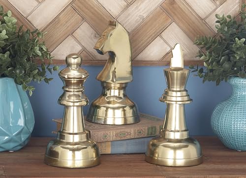 Deco 79 Aluminum Metal Chess Decorative Sculpture Home Decor Statues with Knight, Queen and King, Set of 3 Accent Figurines 4"W, 9"H, Gold - color: Gold, size: 4" x 9"