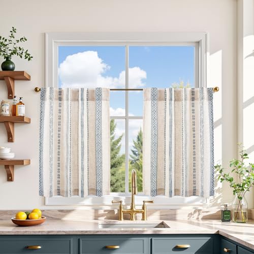 jinchan Boho Kitchen Curtains 24 Inch Linen Tier Curtains with Geometric Pattern Bohemian Cafe Small Light Filtering Window Treatment for Living Room RV Back Tab 2 Panels Blue on Linen - color: Liora | Blue on Linen, size: 26"W x 24"L (Pack of 2)
