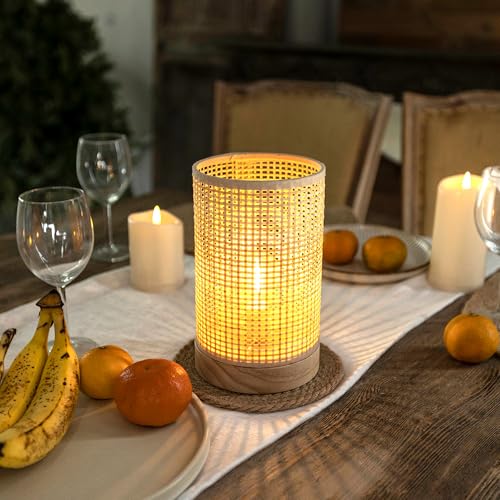 LUSHARBOR Battery Operated Lamp Boho Rattan Table Lamp with Timer, Battery Powered Lamp Bedside Cordless Accent Lamp for Livingroom/Entryway/Tabletop Decor Beige - style: LATTICE