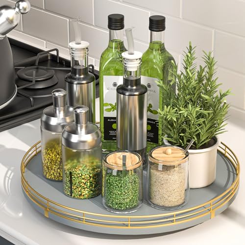 13" Wooden Lazy Susan Turntable for Cabinet – Round Rotating Spice Rack Organizer, Gray Kitchen Countertop Tray for Dining Table & Pantry Storage（Gray & Gold） - color: Gray & Gold, size: 13