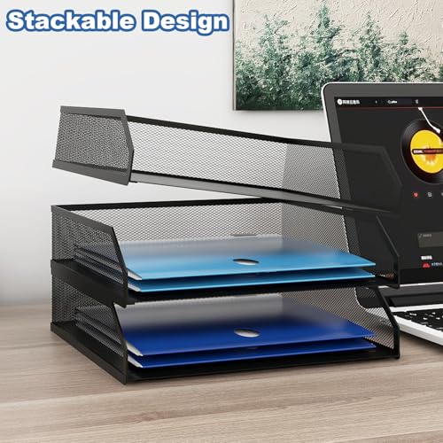 Natwind 3-Tier Stackable Paper Tray, Metal Mesh Desktop Organizer, A4 Paper Sorter, Letter Trays,File Folder Sorter Organizer with Sliding Tray for Home, Office, School (Black) - size: 3 Tier
