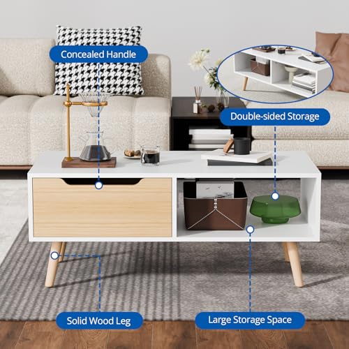Cozy Castle Modern Coffee Table, Wooden Cocktail Table with Storage, Minimalist Hallway Table, Mid Century Modern Coffee Table for Living Room Apartment Reception, White - color: White
