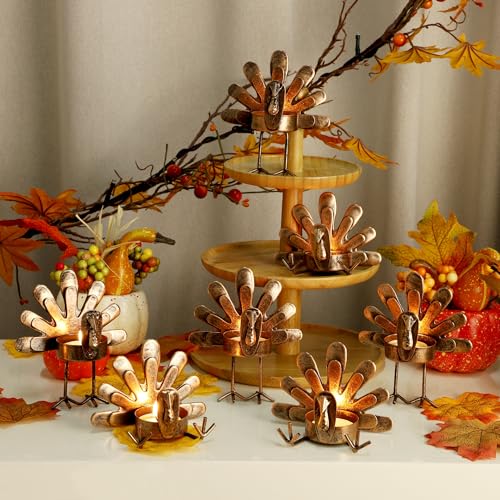 FORUP Metal Turkey Candle Holders, Set of 12 Thanksgiving Home Decor with Tea Light Candles