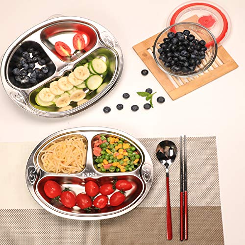 Set of 2 Stainless Steel Divided Platter Dinner Tray 3 Sections Dinner Plates - 304 Stainless steel metal plate for Campers, and for Portion Control - size: H3C (3 Sections)