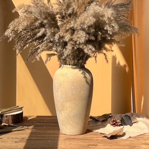 Ceramic Rustic Farmhouse Vase, 12 Inch Beige Flower Vases for Home Decor, Rustic Pottery Vase for Table Centerpieces & Living Room, Farmhouse Ceramic Vases for Entryway & Wedding Gifts - color: Beige, size: Small