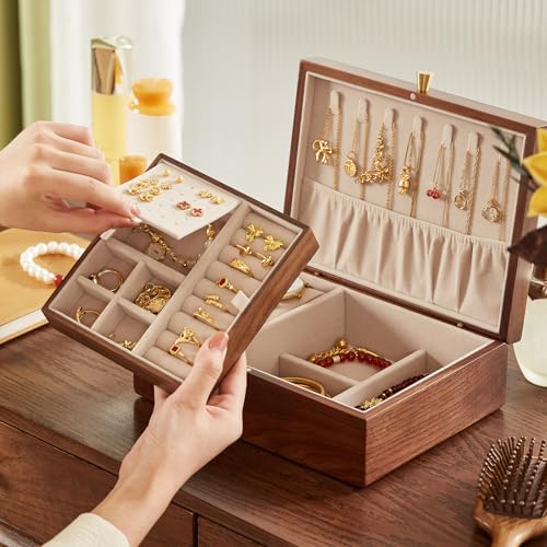 CHOSIN Black Walnut Wooden Jewelry Box for Women 2 Layer Jewelry Organizer with Removable Tray for Watches Rings Earrings Necklace Bracelets Storage Gifts for Mom - style: 2 Layer B