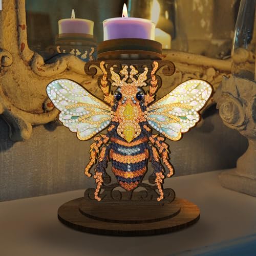 BAYUNOE DIY Candlestick Holders Wooden Desktop Diamond Art Painting Candle Holder Double-Sided Diamond Vintage Modern Decorative for Table Mantel Wedding Dinning Party-Bee - color: Bee