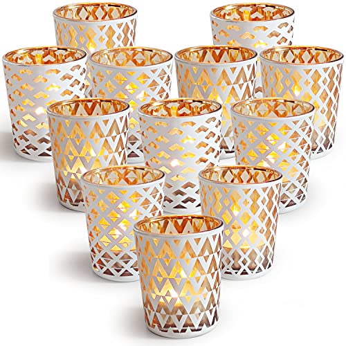 SHMILMH White and Gold Votive Candle Holders Set of 12, 4 Patterns Frosted Glass Tea Lights Candle Holders for Birthday Party Wedding Table Centerpiece Halloween - color: W&g 4 Patterns