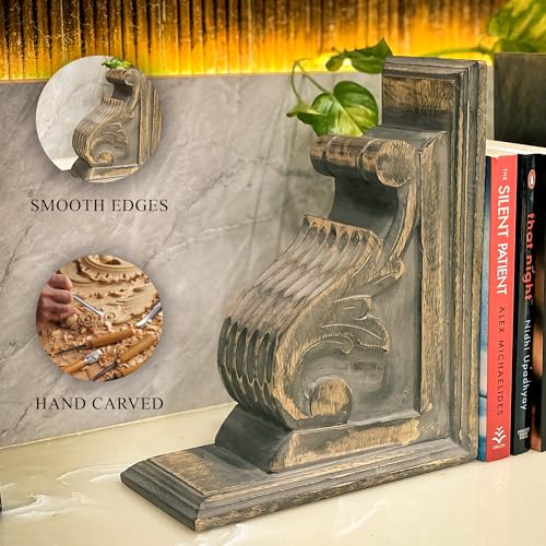 Vintage One Pair of Distressed-Finish Wooden bookends with a Carved Pattern, Perfect for Shelves, Heavy bookends for Books, and Modern Accent for Living Room,Office (Rustic Grey) - color: Rustic Grey