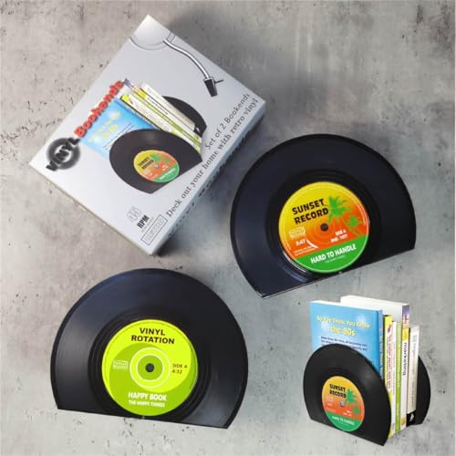 Modern Bookends for Shelves, Retro Vinyl Record Design Bookends Decorative Bookends for Vintage Lovers, Music Lovers Decorative Book Stopper for Home (1 Pair (Black) - color: Black