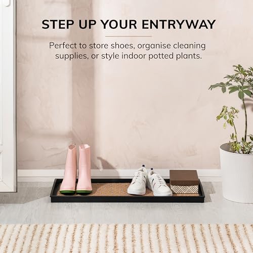 Anji Mountain Heavy Duty Waterproof Rubber Shoe Storage Mat Organizer/Boot Storage Tray Multi Use For Entryway with Coir, Tan and Blue Insert , Fits 3 Pair (34.5" Wide) - color: Tan and Blue, size: 34" x 14" x 1.5"