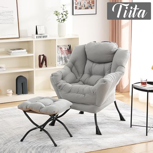 Tiita Lazy Chair with Ottoman, Light Grey Modern Large Accent Chair, Comfy Leisure Sofa Armchair with Ottoman, Reading Chair with Footrest for Bedroom, Living Room, Dorm Rooms, Peach Light Grey - color: Peach Skin Light Grey
