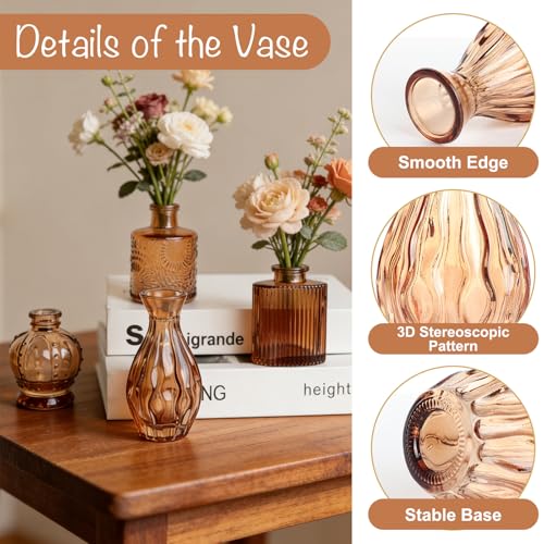 Petal Petite Glass Vase Set of 24 Small Amber Glass Bud Vases, Mini Vintage Flower Vases for Wedding Centerpieces & Table Décor, Champagne Vases in Bulk for Single Stem, Home and Office Decor - color: Amber