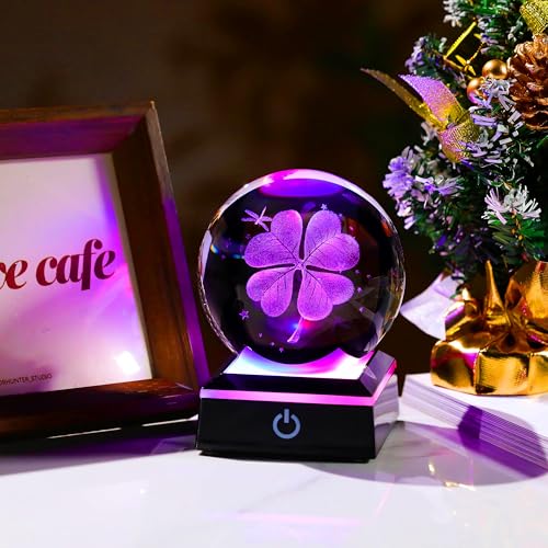 Qianwei 3D Four Leaf Clover 80mm Crystal Ball Good Luck Gifts Ideas with Multicolor Lighting Base - Irish Gifts for Women Decor 4 Leaf Clover - style: Clover