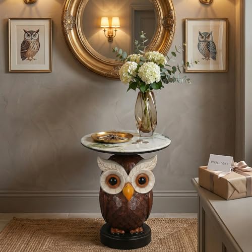 Owl Side Table - End Table with Faux Marble Top Unique Owl Statue Decor for Living Room Bedroom Entryway Elegant Animal Sculpture Modern Classical Decoration, Realistic - color: Owl Base