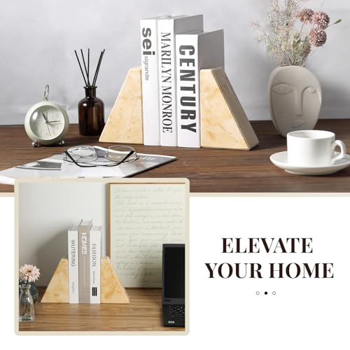 Koville Marble Bookends for Shelves, Large Bookends for Heavy Books, Non-Slip Heavy Duty Book Stopper for CD/Movies, Aesthetic Decorative Bookends for Shelves Table Home Decor(Gold) - color: Trapezoid-yellow