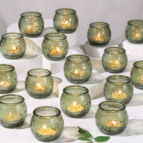 16 Pcs Green Votive Candle Holders, Round Glass Tea Lights Holder with Polka Dot Embossed, Votive Candle Holders for Weddings, Home Decor, Baby Shower, Special Occasions - color: Green