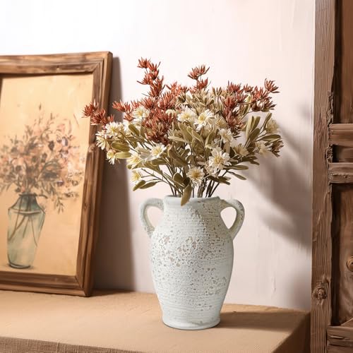 Sunddo Rustic Ceramic Flower Vase with 2 Handles, Textured Farmhouse Vase, White Modern Decorative Vases, Living Room, Shelf, Mantle, Entryway, Fireplace Decor - color: White - 8, size: 8 Inch