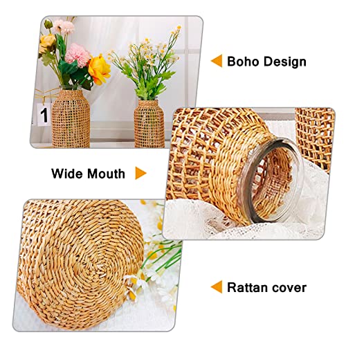 MDEOOSKY Straw Woven Glass Vase 7.9''x2.36''x3.5''Boho Glass Flower Vase Country Rustic Style Vase Glass Vase for Floral Arrangements Bottle Height (A Style 7.9IN) - size: 7.9IN