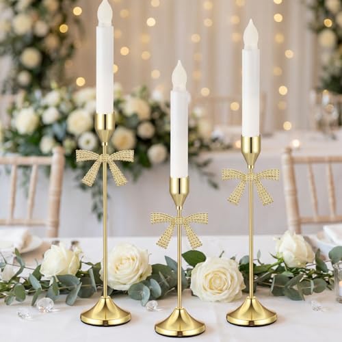 Ceenna 3 Pcs Gold Bow Candle Holders, 3 Size Gold Bow Candlestick Holders, Taper Candle Holder Vintage Decorative for Table Centerpiece Mantel Decor Holiday Housewarming Gifts - style: Bow