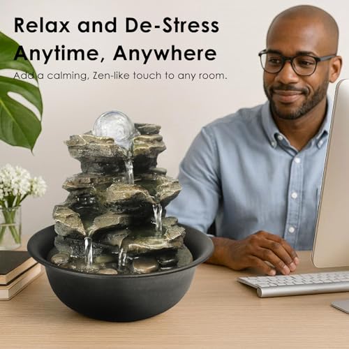 Spinning Orb Rock Cascading Tabletop Fountain, Zen Meditation Indoor Waterfall Feature with LED Light for Home Office Bedroom Relaxation - color: 8 3/10"