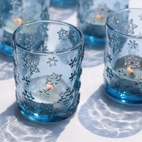 VOHO Blue Snowflakes Embossed Votive Candle Holders Set of 24, Glass Tealight Candle Holder for Seasonal Festival & Christmas Decorations, Beautiful Blue Candle Holders for Tea Lights/Votive Candles - color: Blue