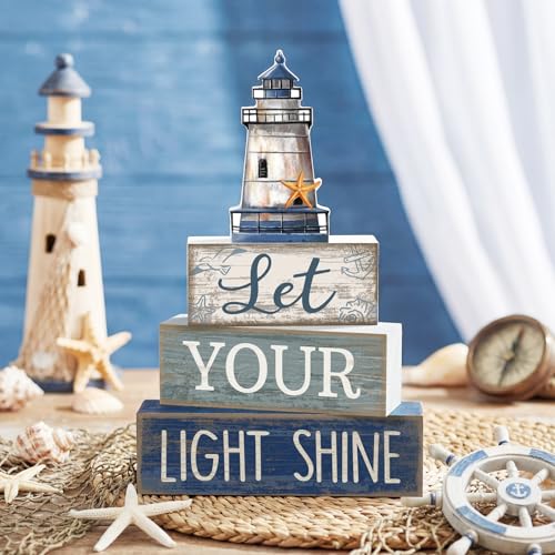 Lineshading 4 Pcs Beach Coastal Table Decor Wooden Lighthouse Decoration with Starfish Summer Tiered Tray Decor Blue and White Ocean Centerpieces Rustic Beach House Nautical Decorations for Home Shelf - style: Coastal