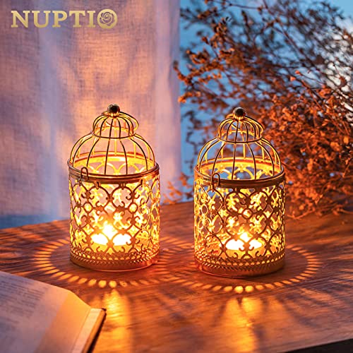 2 Pcs Small Metal Tealight Hanging Birdcage Lantern, Vintage Decorative Centerpieces of Wedding, Party, Gold - color: Gold, size: 2Pcs