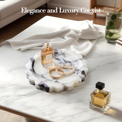 SAMAH Calacatta Viola Natural Marble Tray, Scalloped Bathroom Tray, Luxury Decorative Trays for Bathroom, Vanity, Dresser, Kitchen & Home Decor, Valentine's Day House Warming Gifts New Home(Round) - size: 6.3"