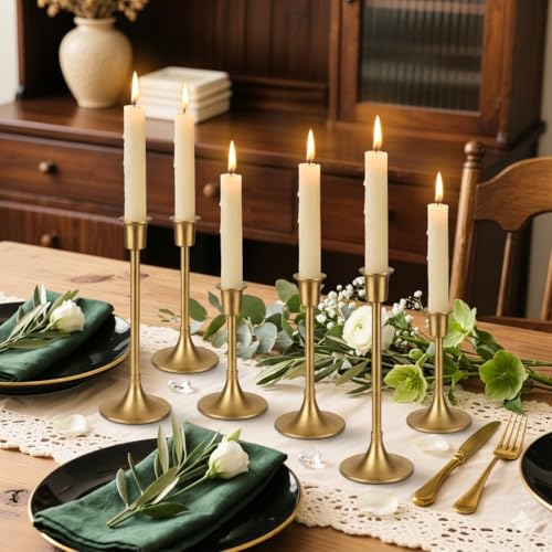 Gold Taper Candle Holders Set of 6 with Anti-Slip Pad Vintage Small Low Metal Candles Metal Candelabra Set for Weddings, Dinners & Parties, 3 Sizes (6, Lengthen Gold)