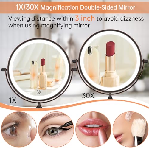 5000mAh Rechargeable Wall Mounted Lighted Makeup Vanity Mirror Double Sided 1X 30X Magnifying Bathroom Mirror, 3 Color Lighting, Touch Dimming, Extended Arm 360 Rotation Light up Mirror Antique Bronze - color: Antique Bronze