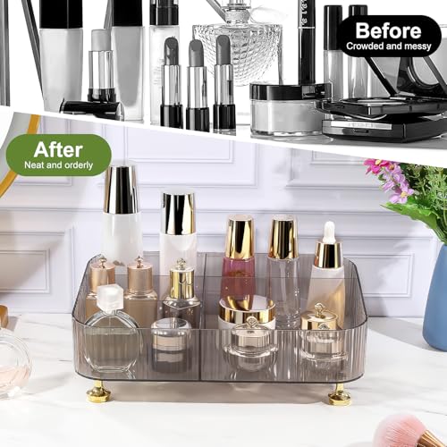 DASITON Makeup Organizer Countertop for Vanity, 5 Slots Makeup Brush Holder Organizer, Vintage Makeup Perfume Tray Cosmetic and Skincare Organizers for Bedroom Bathroom Counter, Desk Storage (Grey) - color: Grey