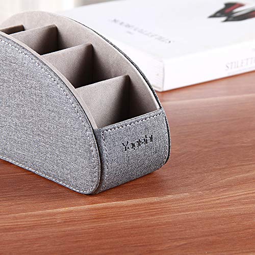 TV Remote Control Holder with 5 Compartments,Pu Leather Remote Caddy/Box/Tray Nightstand Desktop Storage Organizer Store DVD,Blu-Ray,Media Player,Heater Controllers and Makeup Office Supplies Grey - color: Grey, size: Large